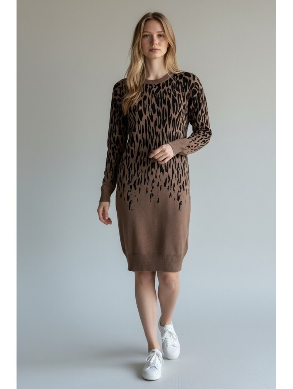 VENUS Cheetah Print Sweater Dress Tan Black Gradient Bodycon Knit XS